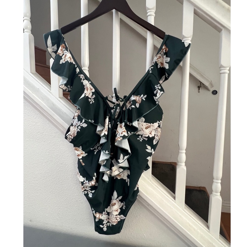 ZAFUL Floral Ruffle Lace Up One Piece Swimsuit Forest Green Womens 1X US 16